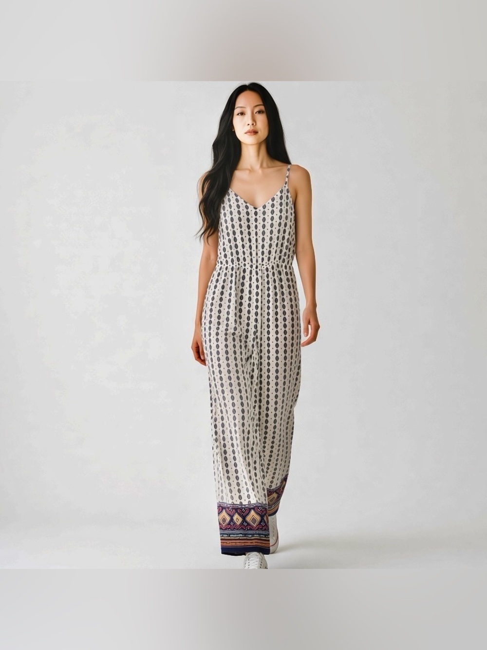 Iris Basic Jumpsuit Size Lg White and Navy Geo Pattern Boho Accent Hem NWT